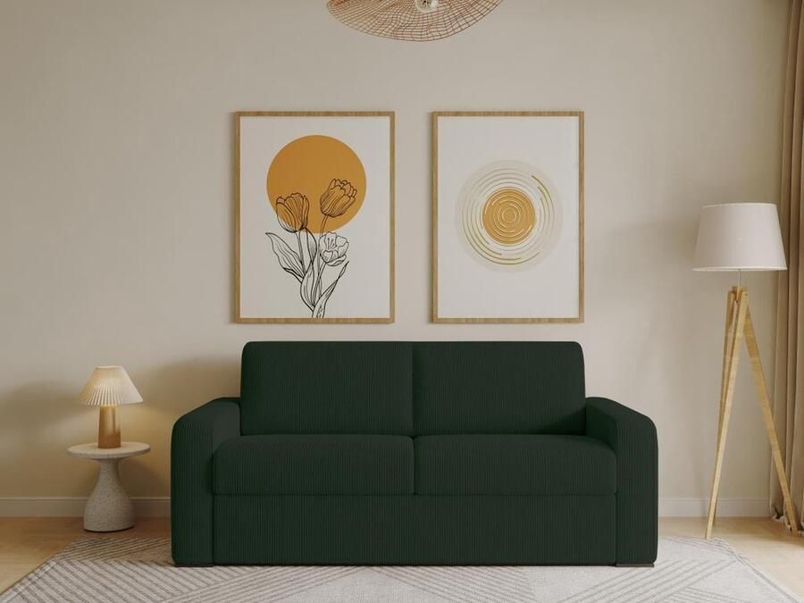 Vente-unique Express-driezitsslaapbank van spargroen ribfluweel Bed 140 cm Matras 18 cm BEVIS L 198 cm x H 88 cm x D 96 cm