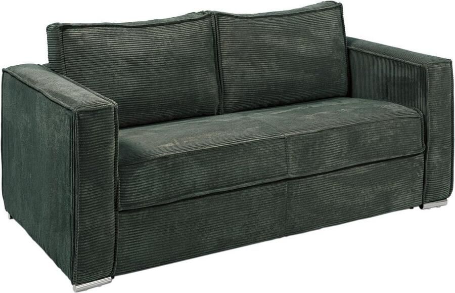 Vente-unique Express-driezitsslaapbank van spargroen ribfluweel Bed 140 cm Matras 18 cm LORETO L 195 cm x H 90 cm x D 223 cm