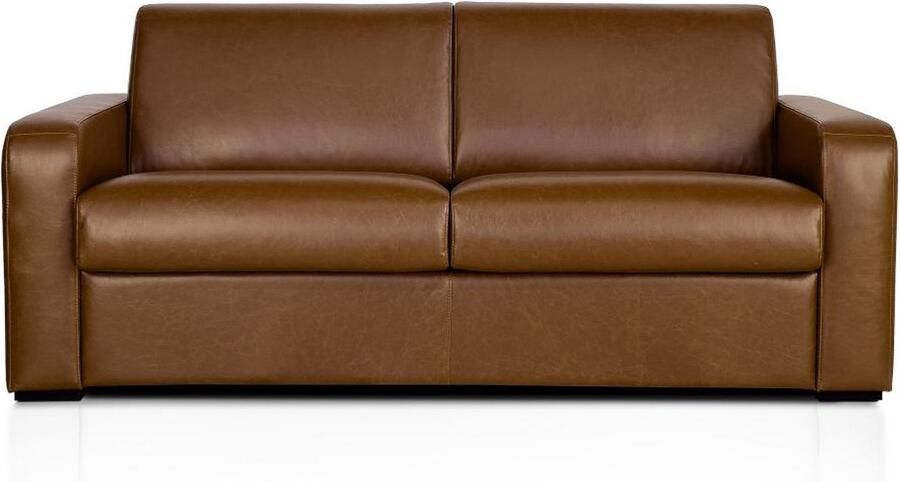 Vente-unique Express-vierzitsslaapbank van vintage caramelkleurig buffelleer matras 22 cm BEVIS L 218 cm x H 90 cm x D 96 cm