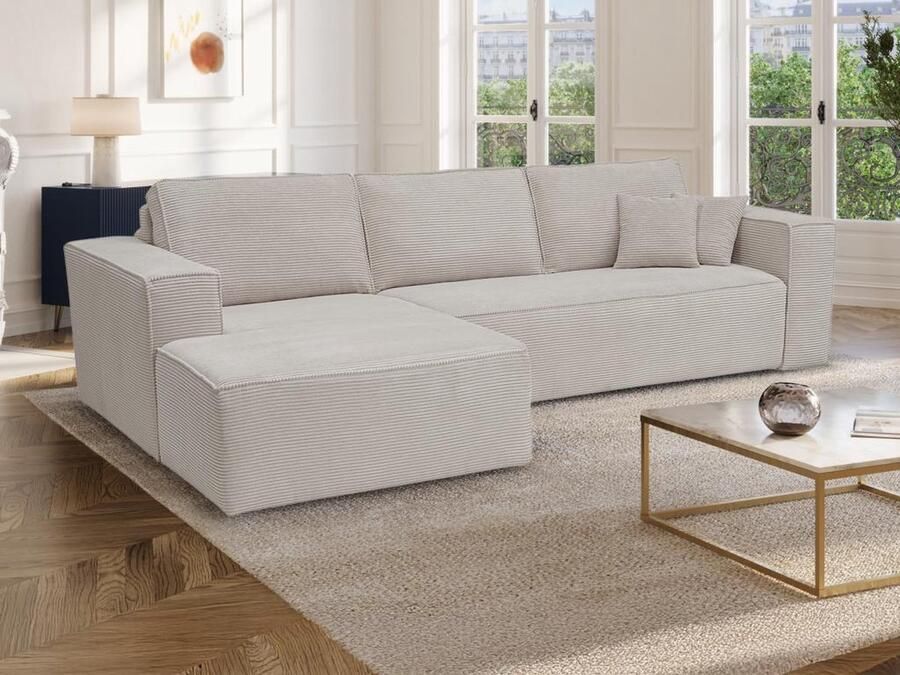 Vente-unique Express-hoekslaapbank met hoek links van beige ribfluweel Bed 140 cm Matras 14 cm AMELIA II L 318 cm x H 90 cm x D 208 cm