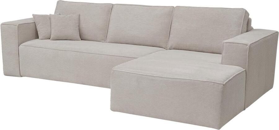 Vente-unique Express-hoekslaapbank met hoek rechts van beige ribfluweel Bed 140 cm Matras 14 cm AMELIA II L 318 cm x H 90 cm x D 160 cm