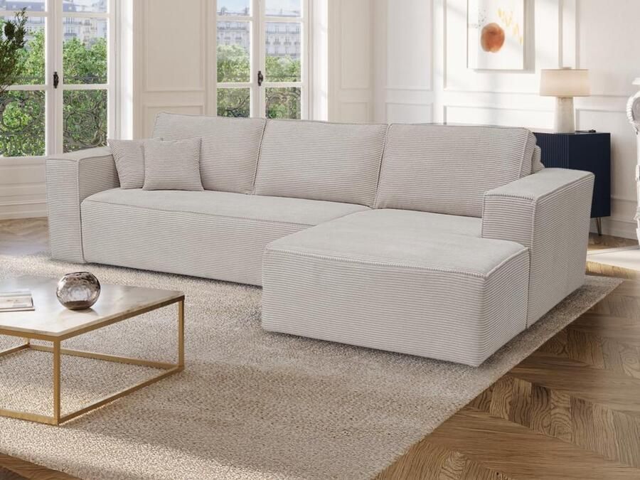 Vente-unique Express-hoekslaapbank met hoek rechts van beige ribfluweel Bed 140 cm Matras 14 cm AMELIA II L 318 cm x H 90 cm x D 160 cm - Foto 2