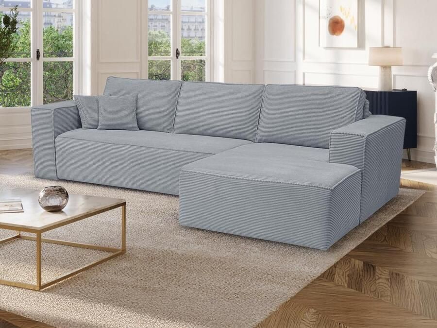 Vente-unique Express-hoekslaapbank met hoek rechts van lichtgrijs ribfluweel Bed 140 cm Matras 14 cm AMELIA II L 318 cm x H 90 cm x D 160 cm