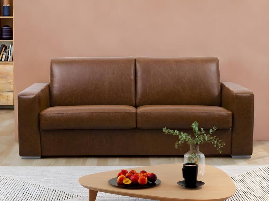 Vente-unique Express-vierzitsslaapbank van 100% vintage caramelkleurig buffelleer matras 22 cm DELECTEA II L 220 cm x H 84 cm x D 100 cm