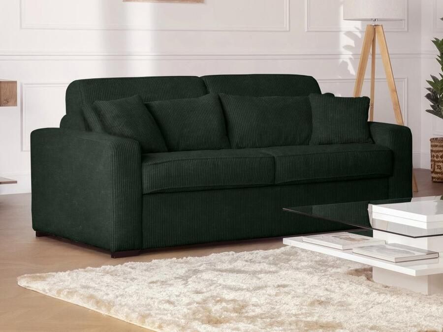 Vente-unique Express-vierzitsslaapbank van groen ribfluweel Bed met brede latten 160 cm Matras 18 cm MONDOVI L 214 cm x H 90 cm x D 208 cm