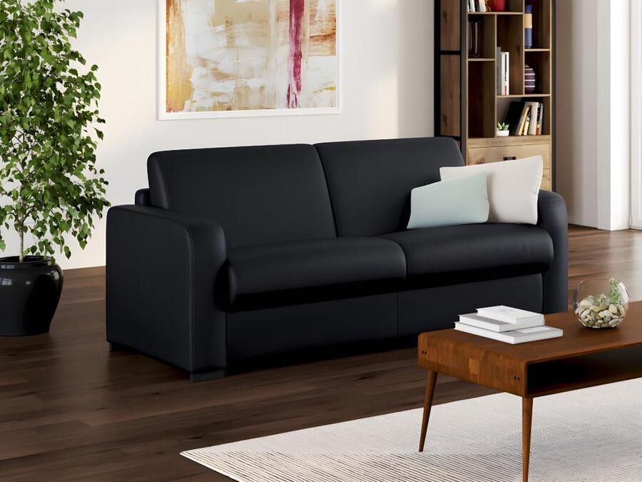 Vente-unique Express-vierzitsslaapbank van zwart leer matras 22 cm BEVIS L 218 cm x H 88 cm x D 208 cm - Foto 3