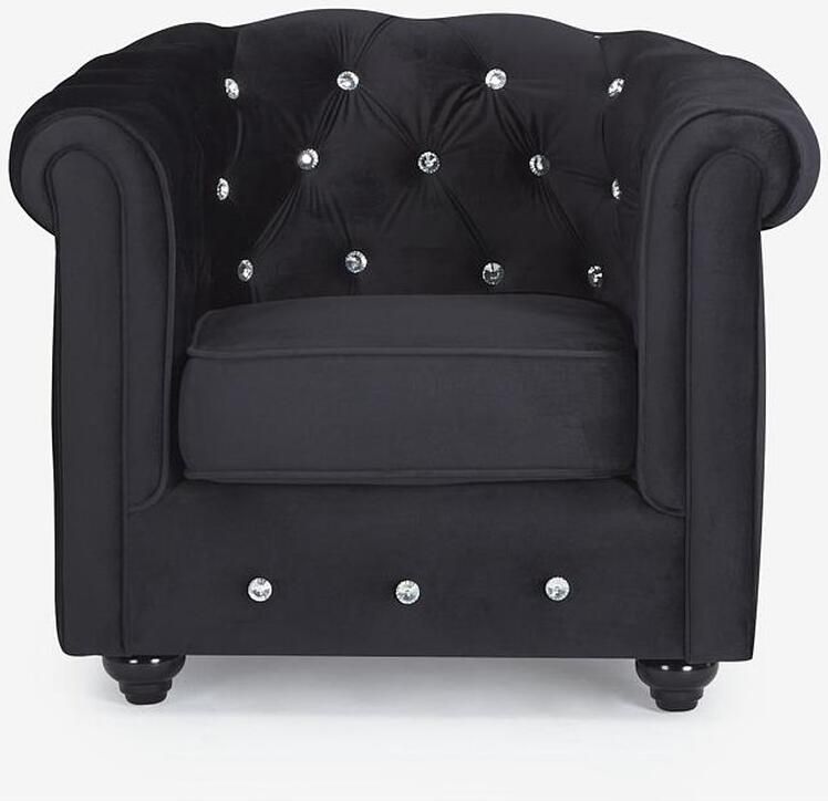 Vente-unique Fauteuil CHESTERFIELD velours zwart met kristallen knopen L 85 cm x H 72 cm x D 78 cm - Foto 4