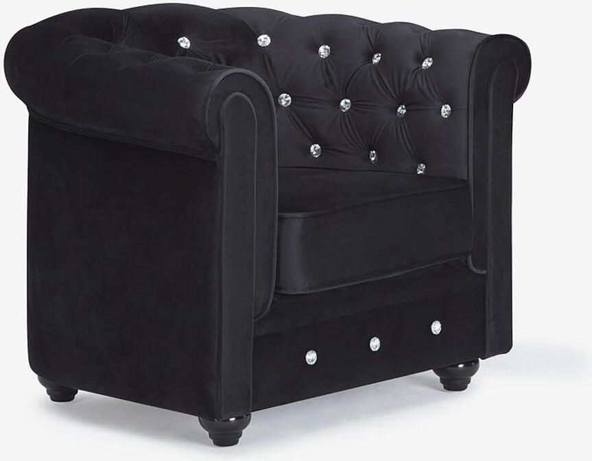 Vente-unique Fauteuil CHESTERFIELD velours zwart met kristallen knopen L 85 cm x H 72 cm x D 78 cm - Foto 2