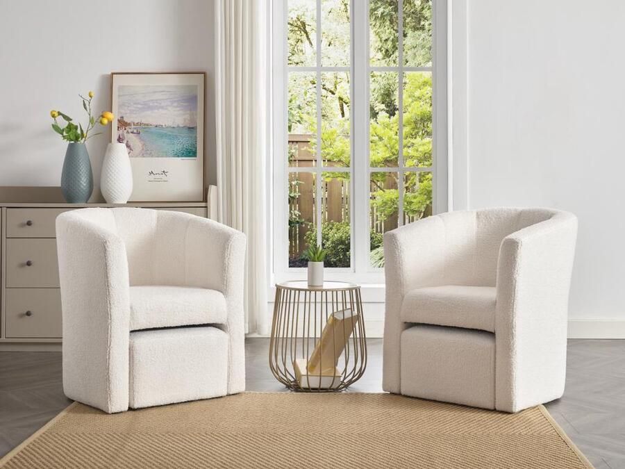 Vente-unique Fauteuil met holle rugleuning en poef in witte boucléstof – JOVANA L 65 cm x H 74 cm x D 64 cm - Foto 2