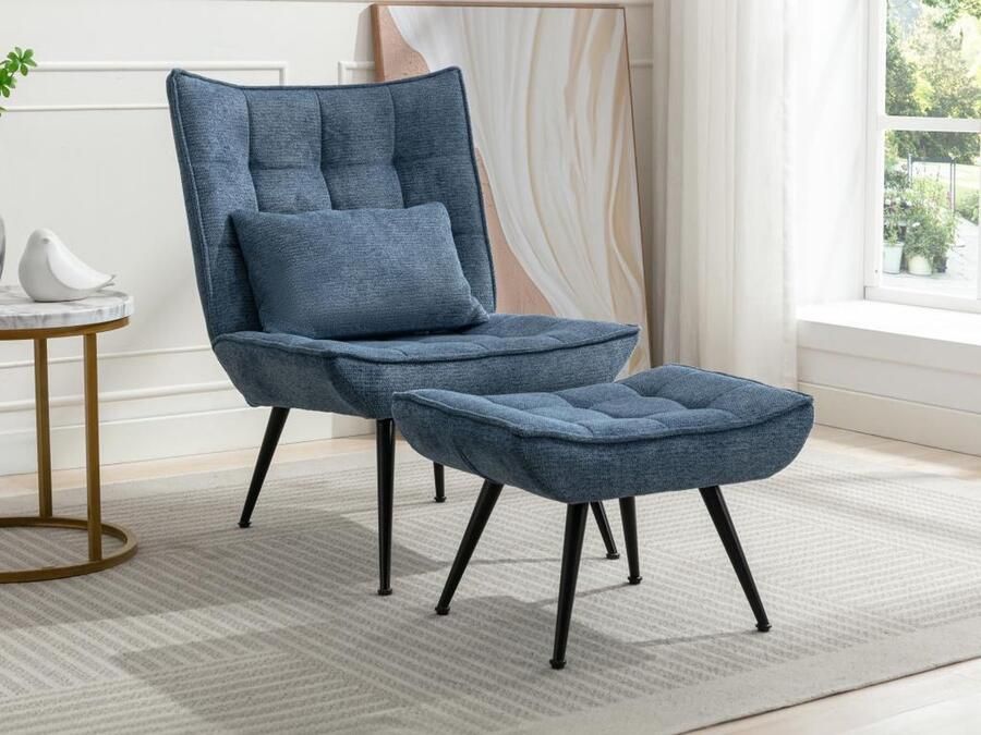 Vente-unique Fauteuil met voetensteun van blauwe stof MARACAO L 69 cm x H 95 cm x D 82 cm