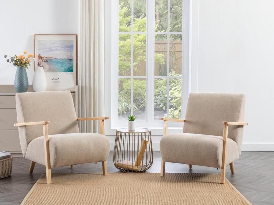 Vente-unique Fauteuil van beige stof en hout JULOMO L 70 cm x H 81 cm x D 82 cm - Foto 2