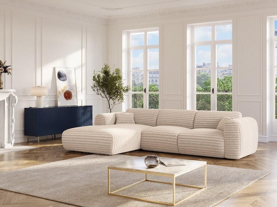 Vente-unique Grote hoekbank met hoek links van beige ribfluweel met brede ribbels POGNI van Maison Céphy L 280 cm x H 73 cm x D 165 cm - Foto 3