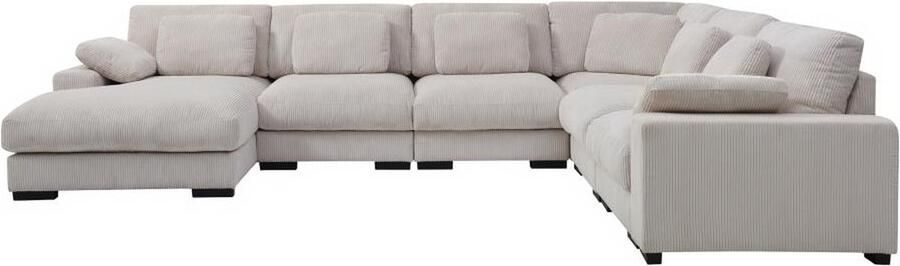 Vente-unique Grote hoekbank met hoek links van beige ribfluweel RIADOPI L 384 cm x H 90 cm x D 296 cm