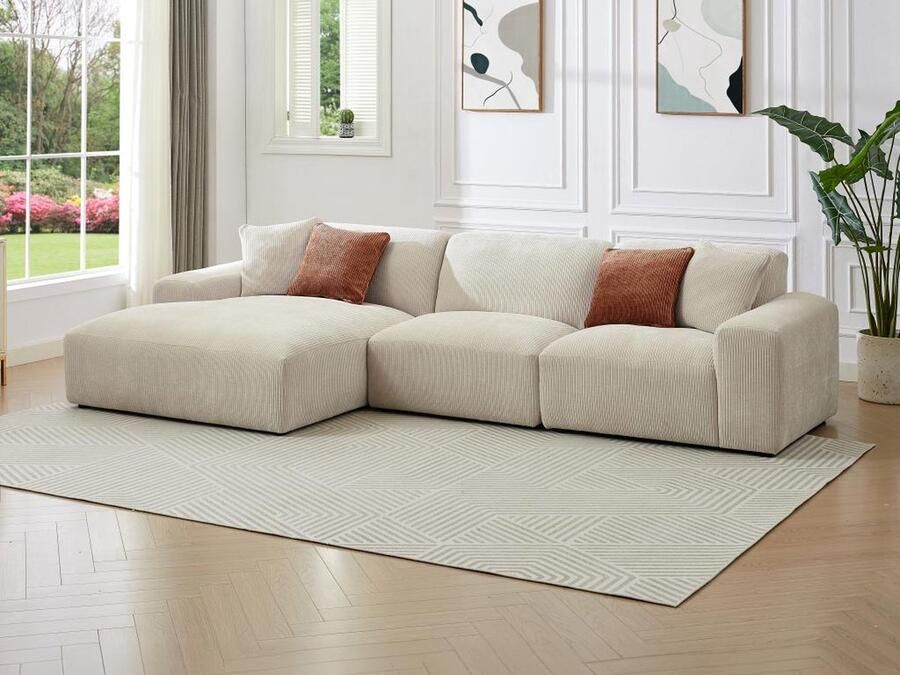 Vente-unique Grote hoekbank met hoek links van beige ribfluweel TIRONO van Maison Céphy L 325 cm x H 80 cm x D 165 cm
