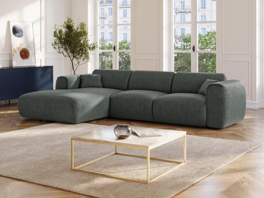 Vente-unique Grote hoekbank met hoek links van groengrijze stof met textuur POGNIA L 280 cm x H 73 cm x D 165 cm