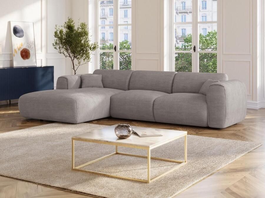 Vente-unique Grote hoekbank met hoek links van lichtgrijs ribfluweel POGNIA L 280 cm x H 73 cm x D 165 cm