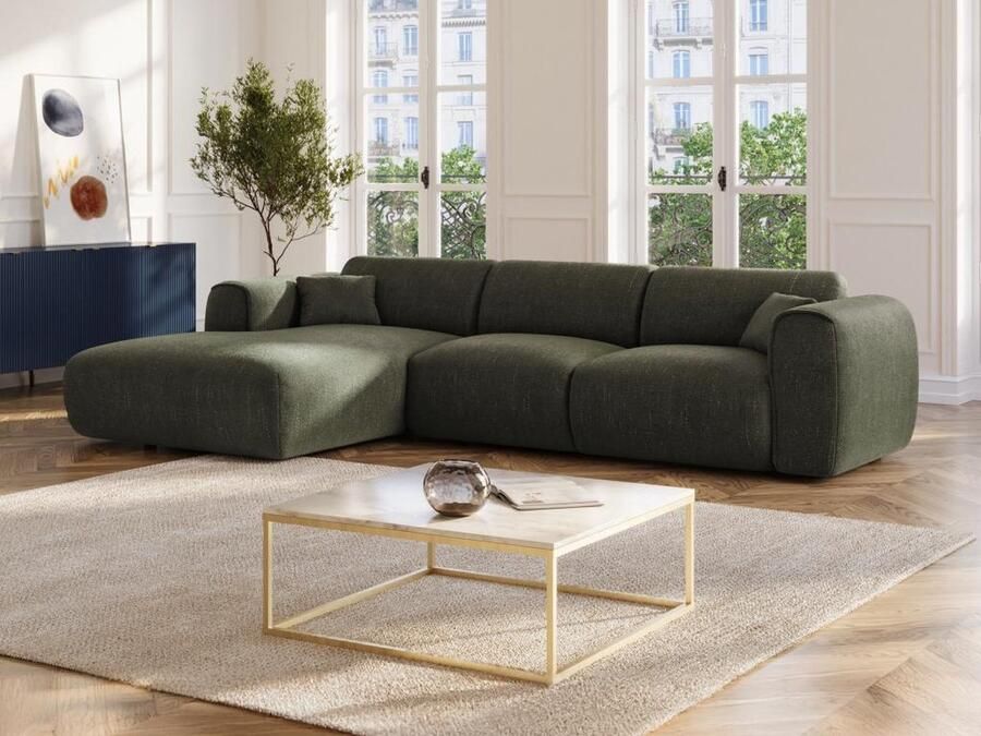 Vente-unique Grote hoekbank met hoek links van olijfgroene stof met textuur POGNIA L 280 cm x H 73 cm x D 165 cm