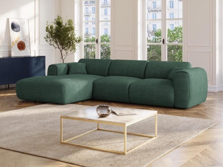 Vente-unique Grote hoekbank met hoek links van spargroen ribfluweel POGNIA L 280 cm x H 73 cm x D 165 cm