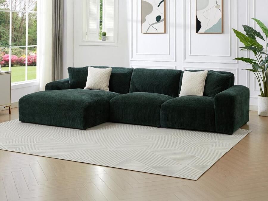 Vente-unique Grote hoekbank met hoek links van spargroen ribfluweel TIRONO van Maison Céphy L 325 cm x H 80 cm x D 165 cm