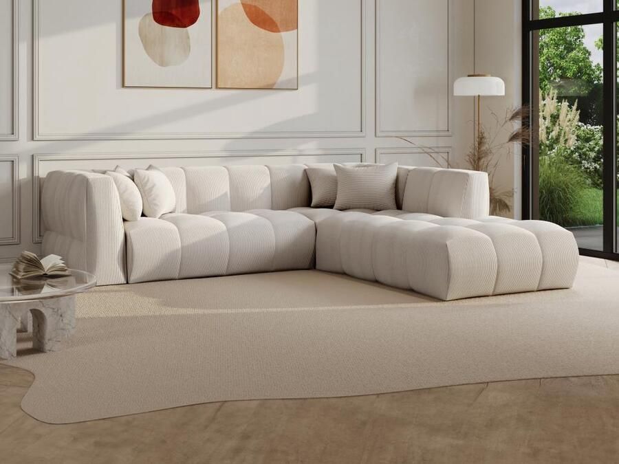 Vente-unique Grote hoekbank met hoek rechts van beige ribfluweel NAEMIA van Maison Céphy L 263 cm x H 70 cm x D 233 cm - Foto 4