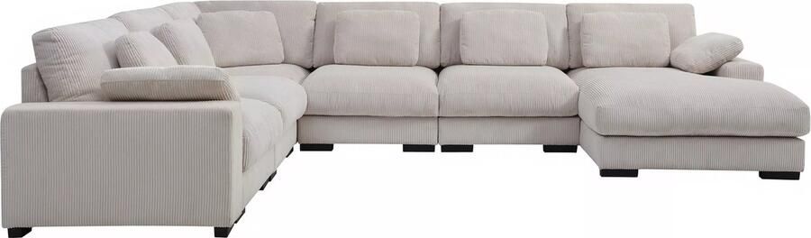 Vente-unique Grote hoekbank met hoek rechts van beige ribfluweel RIADOPI L 384 cm x H 90 cm x D 296 cm