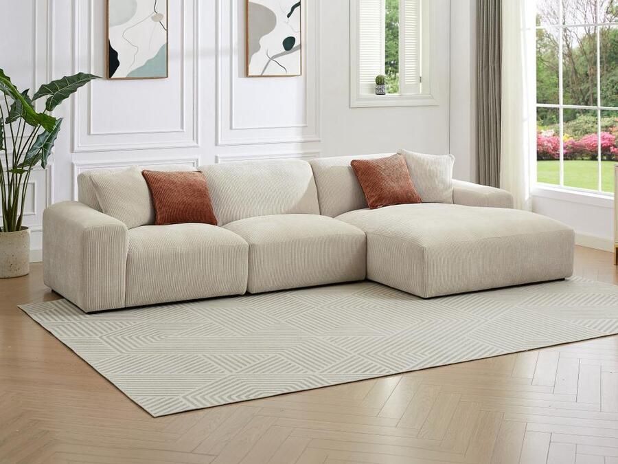 Vente-unique Grote hoekbank met hoek rechts van beige ribfluweel TIRONO van Maison Céphy L 325 cm x H 80 cm x D 165 cm - Foto 2