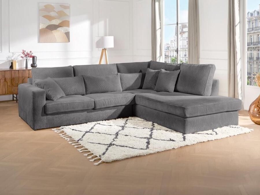 Vente-unique Grote hoekbank met hoek rechts van grijs ribfluweel MONDOVI II L 285 cm x H 92 cm x D 245 cm