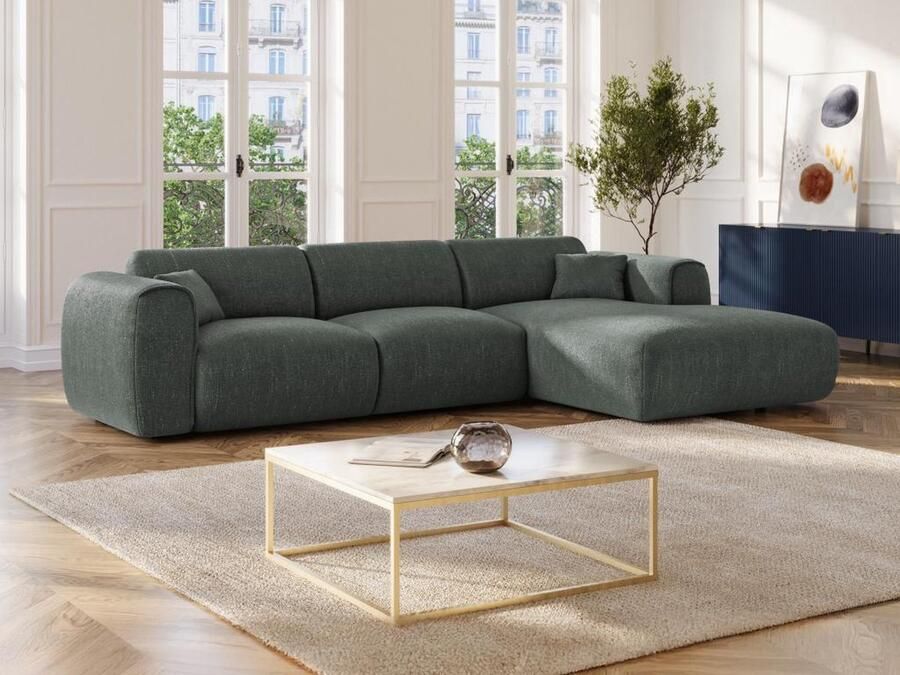Vente-unique Grote hoekbank met hoek rechts van groengrijze stof met textuur POGNIA L 280 cm x H 73 cm x D 165 cm