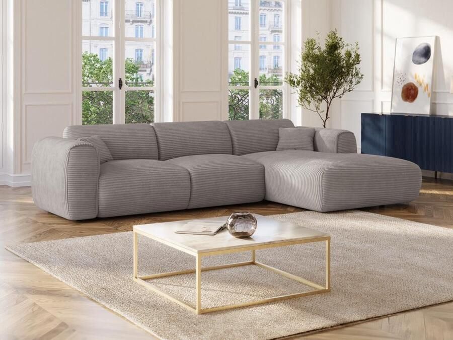 Vente-unique Grote hoekbank met hoek rechts van lichtgrijs ribfluweel POGNIA L 280 cm x H 73 cm x D 165 cm