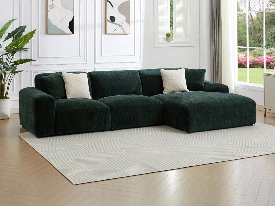 Vente-unique Grote hoekbank met hoek rechts van spargroen ribfluweel TIRONO van Maison Céphy L 325 cm x H 80 cm x D 165 cm