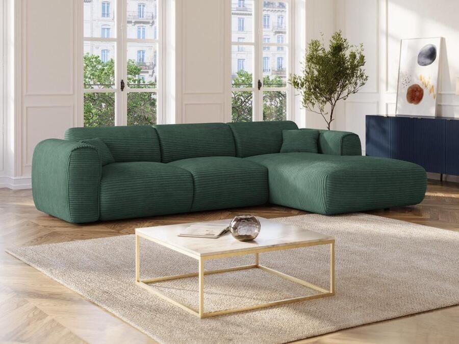 Vente-unique Grote hoekbank met hoek rechts van spargroen ribfluweel¨POGNIA L 280 cm x H 73 cm x D 165 cm