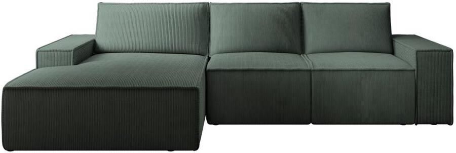 Vente-unique Grote hoekslaapbank met hoek links van groen ribfluweel AMELIA L 297 cm x H 85 cm x D 167 cm