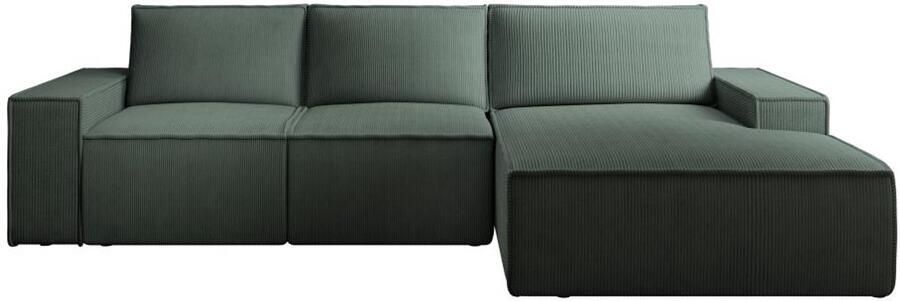 Vente-unique Grote hoekslaapbank met hoek rechts van groen ribfluweel AMELIA L 297 cm x H 85 cm x D 167 cm