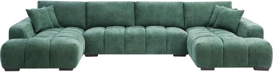 Vente-unique Grote panoramische hoekbank van groene stof met textuur BERENIA