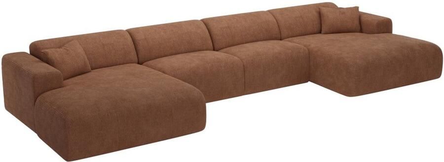 Vente-unique Grote panoramische hoekzitbank in terracotta textuurstof POGNI van Maison Céphy L 356 cm x H 73 cm x D 166 cm
