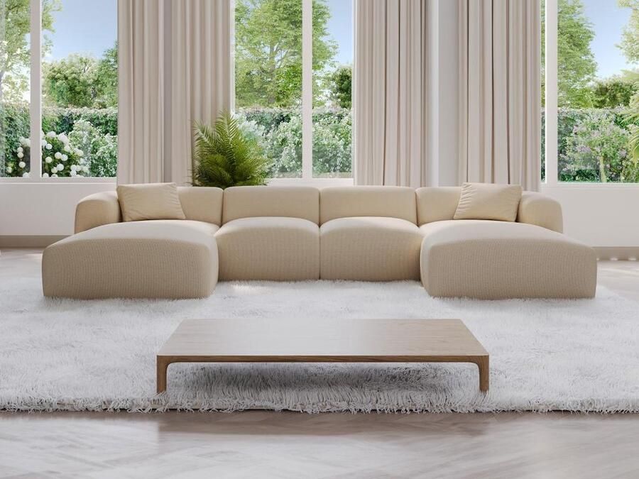 Vente-unique Grote panoramische hoekzitbank van beige stof met textuur POGNI van Maison Céphy L 356 cm x H 73 cm x D 166 cm - Foto 2