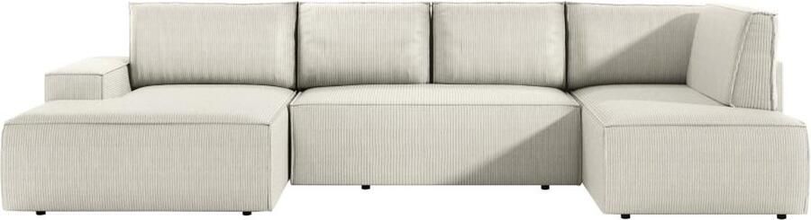 Vente-unique Grote panoramische omkeerbare hoekslaapbank met hoek links van beige ribfluweel AMELIA L 349 cm x H 85 cm x D 195 cm