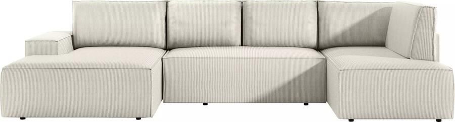 Vente-unique Grote panoramische omkeerbare hoekslaapbank met hoek links van beige ribfluweel AMELIA L 349 cm x H 85 cm x D 195 cm