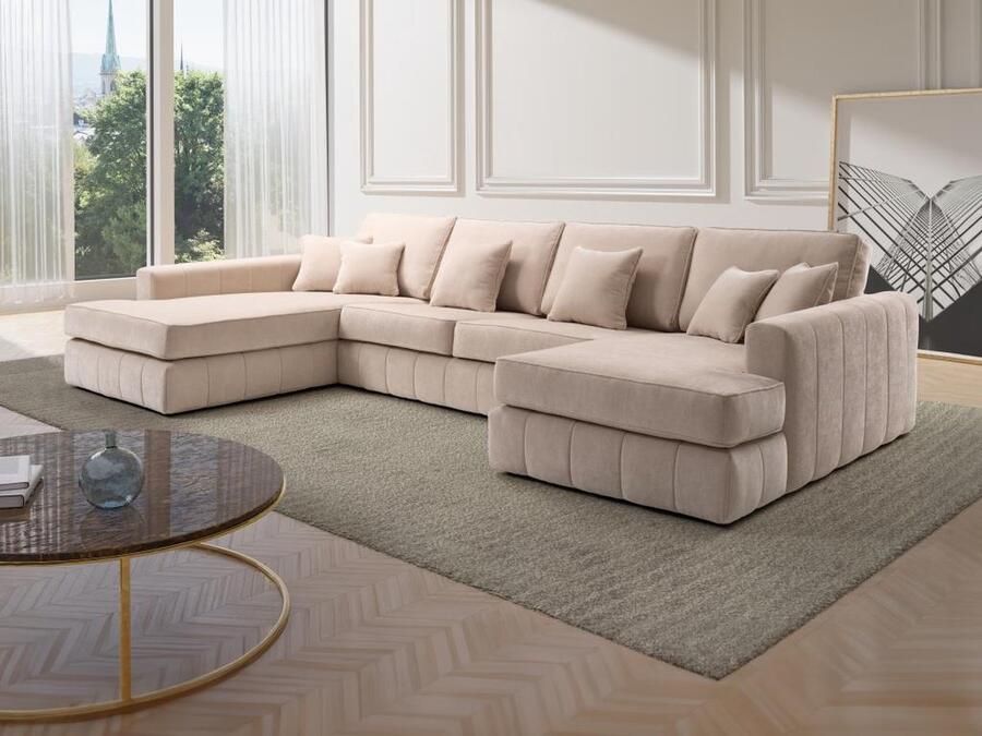 Vente-unique Grote panoramische zitbank met hoek links in beige stof BERGOTA L 369 cm x H 88 cm x D 208 cm - Foto 2