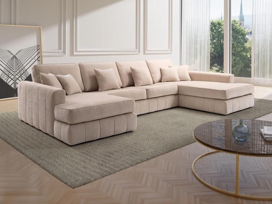 Vente-unique Grote panoramische zitbank met hoek rechts in beige stof BERGOTA L 369 cm x H 88 cm x D 208 cm - Foto 2