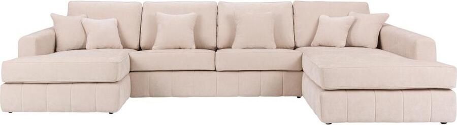 Vente-unique Grote panoramische zitbank met hoek rechts in beige stof BERGOTA L 369 cm x H 88 cm x D 208 cm