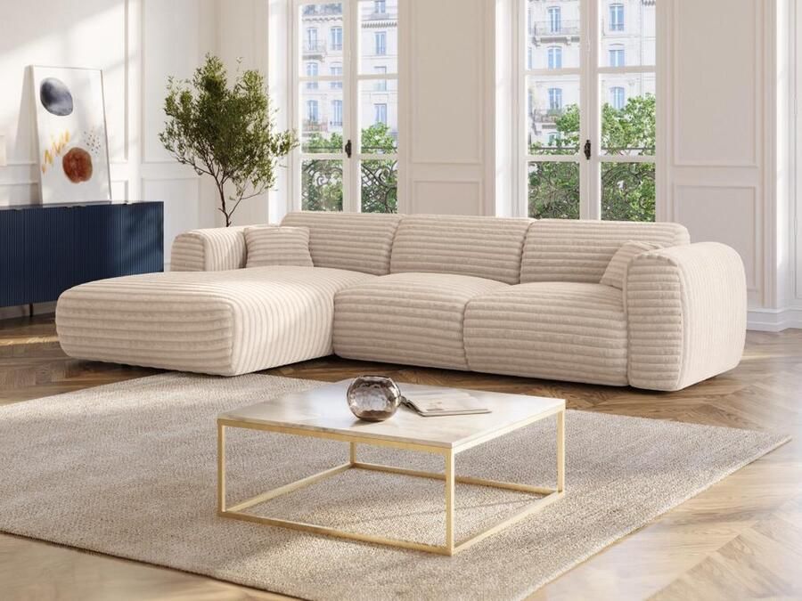 Vente-unique Grote zitbank met linkse hoek in beige breed geribbeld fluweel POGNIA L 280 cm x H 73 cm x D 165 cm