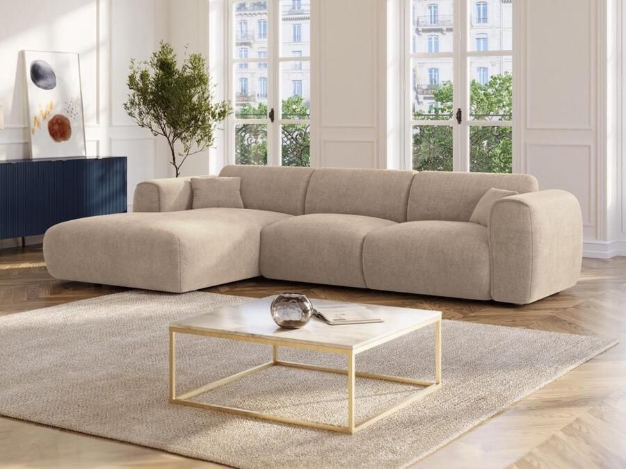 Vente-unique Grote zitbank met linkse hoek in beige textuurfluweel POGNIA L 280 cm x H 73 cm x D 165 cm