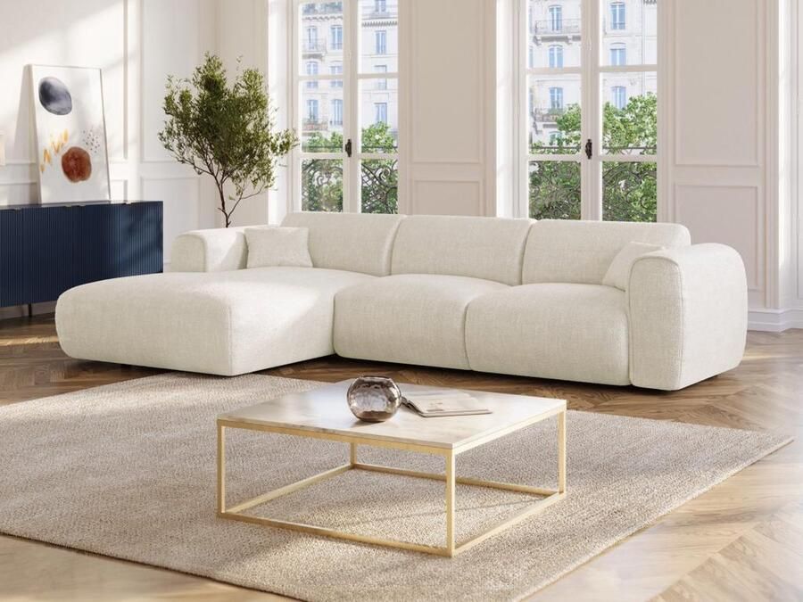 Vente-unique Grote zitbank met linkse hoek in beige textuurstof POGNIA L 280 cm x H 73 cm x D 165 cm
