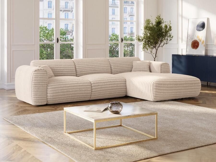 Vente-unique Grote zitbank met rechtse hoek in beige breed geribbeld fluweel POGNIA L 280 cm x H 73 cm x D 165 cm
