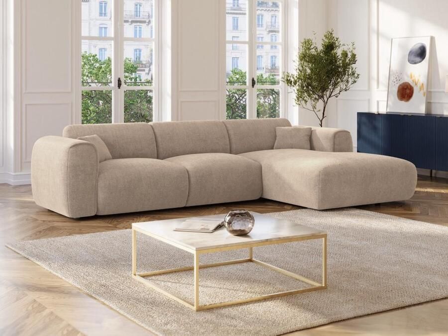 Vente-unique Grote zitbank met rechtse hoek in beige textuurfluweel POGNIA L 280 cm x H 73 cm x D 165 cm