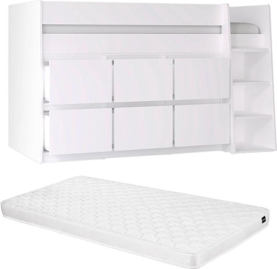 Vente-unique Halfhoog bed 90 x 190 cm met 6 lades Wit + matras CAMALETI L 196 cm x H 120.8 cm x D 114.4 cm - Foto 3