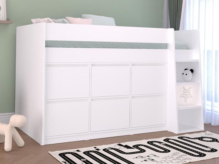 Vente-unique Halve hoogslaper 90 x 190 cm met 6 lades Wit CAMALETI L 196 cm x H 120.8 cm x D 114.4 cm