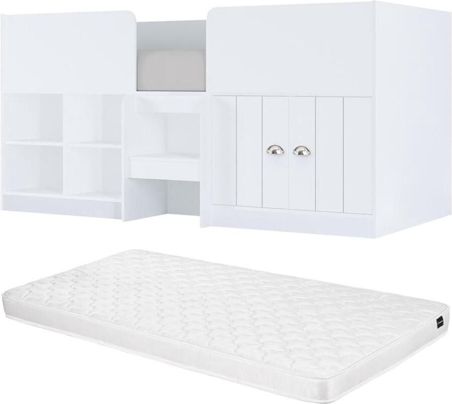 Vente-unique Halve hoogslaper 90 x 190 cm met opbergruimte wit + matras BOUTANIO L 196 cm x H 96.7 cm x D 95.4 cm