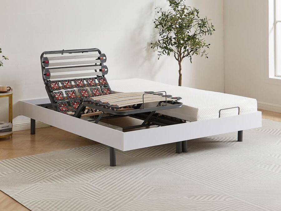 Vente-unique Handmatig verstelbare bedbodem met 2x28 contactplaatjes decoratief van wit hout DREAMEA 2x80x200cm motoren OKIN L 200 cm x H 35 cm x D 160 cm